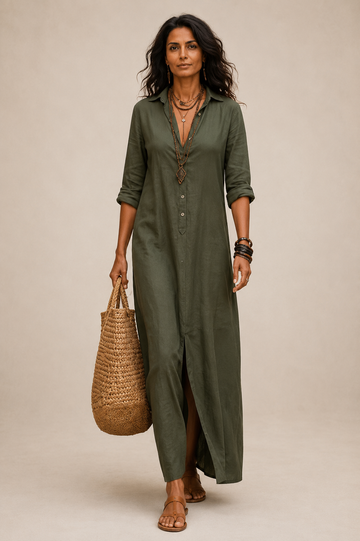 Neerius™ | Luxe Linen Button-Down Maxi Shirt Dress