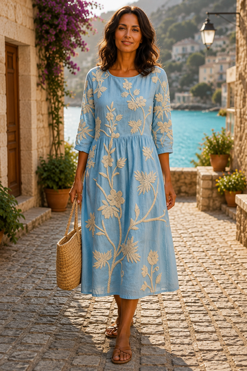 Neerius™ | Embroidered Linen Midi Dress
