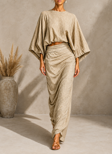 Neerius™ | Luxe Linen Draped Top & Maxi Skirt Set