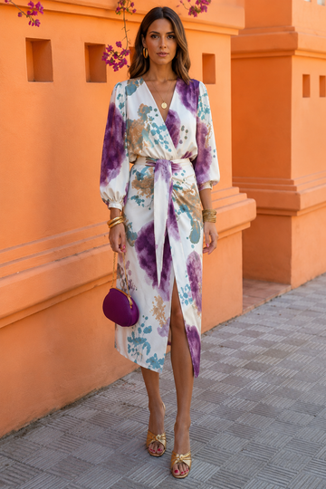 Elegant Floral Wrap Midi Dress with Waist Tie