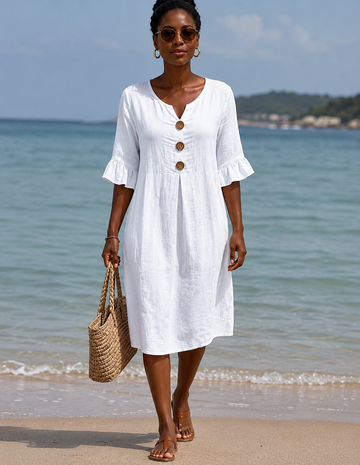 Neerius™ | Vintage Printed V-Neck Button Midi Dress