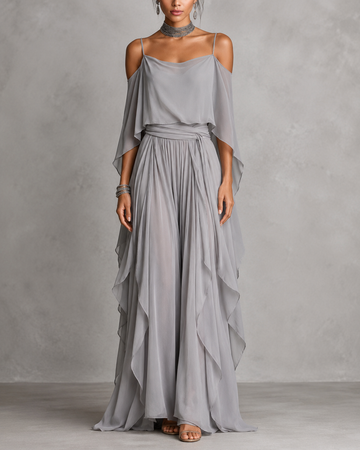 Elegant Gray Chiffon Cold-Shoulder Two-Piece Set