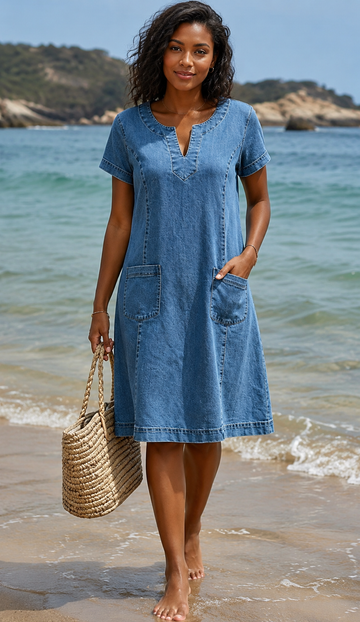 Neerius™ | Casual V-Neck Denim Mini Dress with Pockets