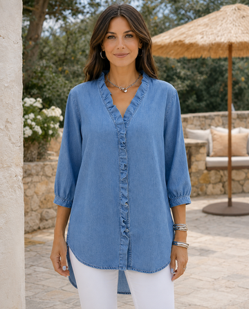 Neerius™ | Casual Ruffle V-Neck Denim Shirt Blouse