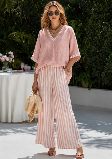 Women's V-Neck Wide-Leg Pants Set