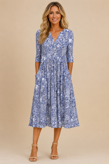 Vintage Floral Boho Midi Dress with Pockets